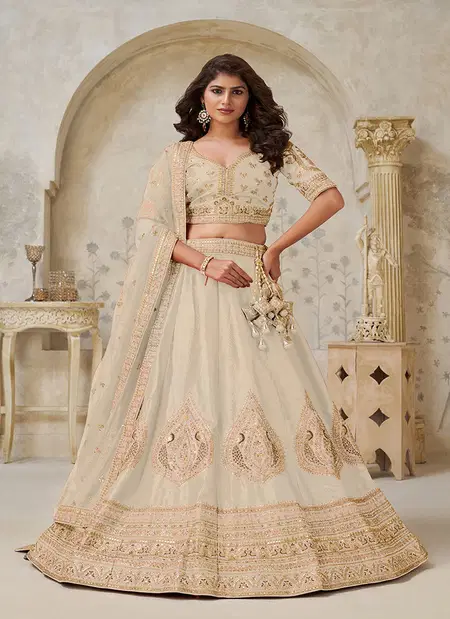 Cream Colour Silk With Leaf Embroidery Work Lahenga With Blouse Dupatta Wholesale Online KF 2144