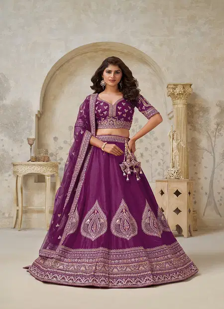 Wine Colour Silk With Leaf Embroidery Work Lahenga With Blouse Dupatta Wholesalers In Delhi KF 2144