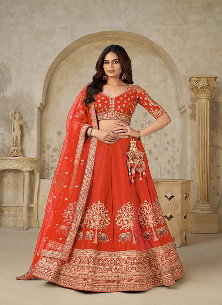 Rust colour Silk With Zari Work Lahenga With Blouse And Dupatta Wholesale Suppliers In India KF 2102