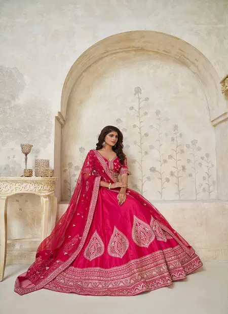 Rani Colour Silk With Leaf Embroidery Work Lahenga With Blouse Dupatta Best Wholesale In Surat KF 2144