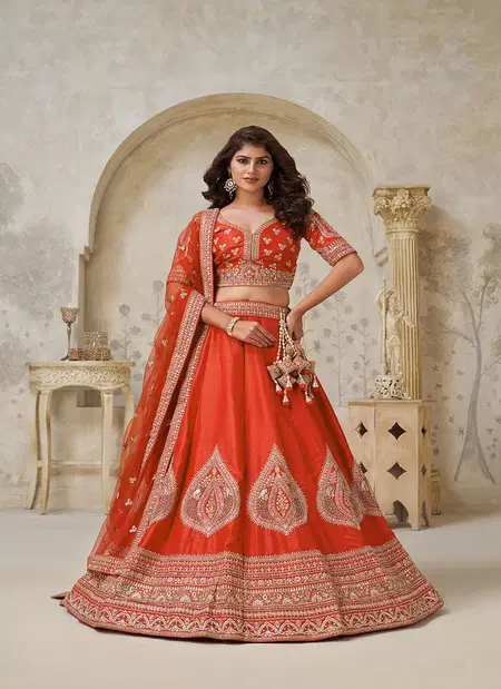 Rust Colour Silk With Leaf Embroidery Work Lahenga With Blouse Dupatta Wholesale Market In Surat KF 2144