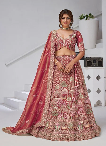 Pink Colour Organza Tissue Designer Bridal Lehenga With Blouse And Dupatta Wholesale Suppliers In Mumbai Kf 2156