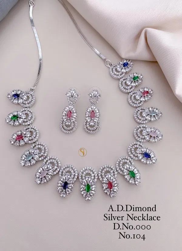 1040 AD Diamond Silver Wedding Wear Necklace Set Wholesale Price In Surat
