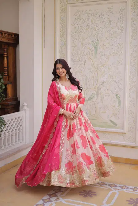 Pink Colour Russian Silk With Embroidery Work Gown With Dupatta Ka 1242