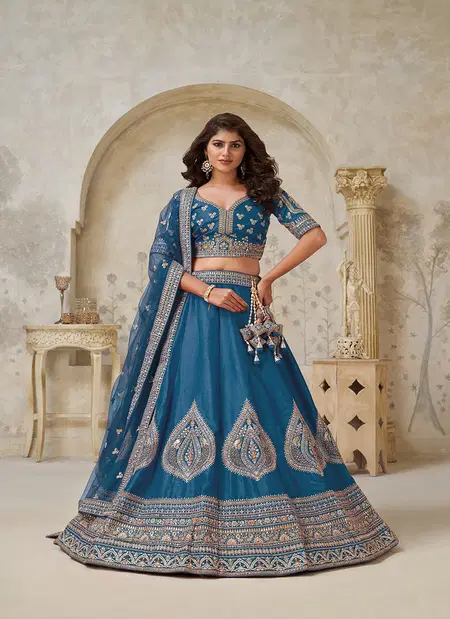 Teal Blue Colour Silk With Leaf Embroidery Work Lahenga With Blouse Dupatta Wholesale Price In Surat KF 2144
