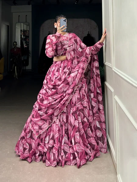 Pink Color Tabby Silk Printed With Hotfix Lehenga With Blouse Dupatta Wholesale In India Lnb1027