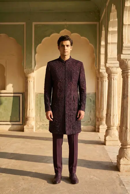 Maroon Outluk Vol 144 Designer Heavy Armani Mens Indo Western 14403 