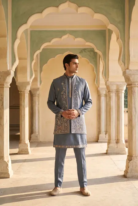 Grey Color Outluk Vol 144 Designer Heavy Armani Mens Indo Western14411