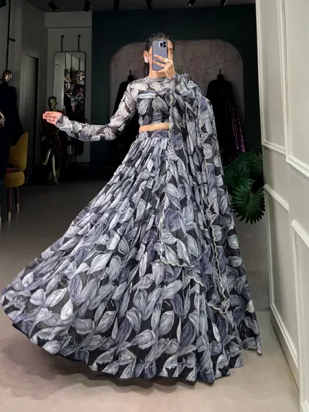 Black Color Tabby Silk Printed With Hotfix Lehenga With Blouse Dupatta Bulk Orders In India Lnb1027