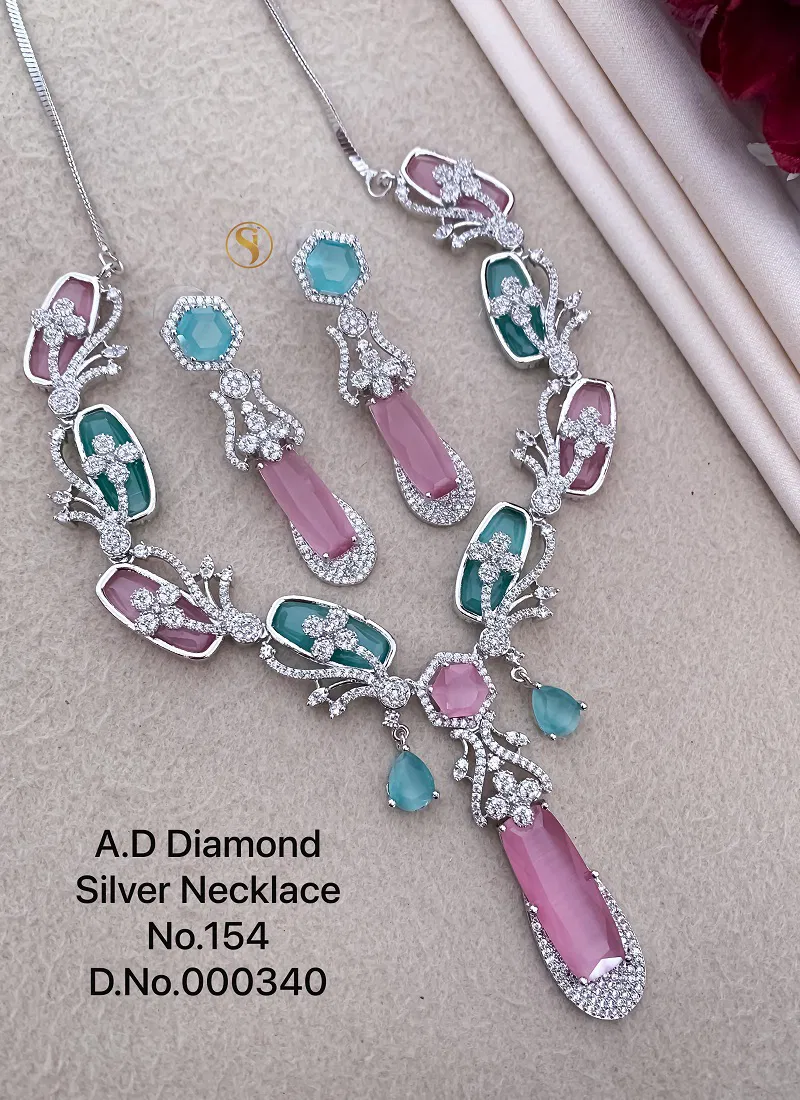 154 AD Party Wear Designer Diamond Silver Necklace Set Wholesalers In Delhi
