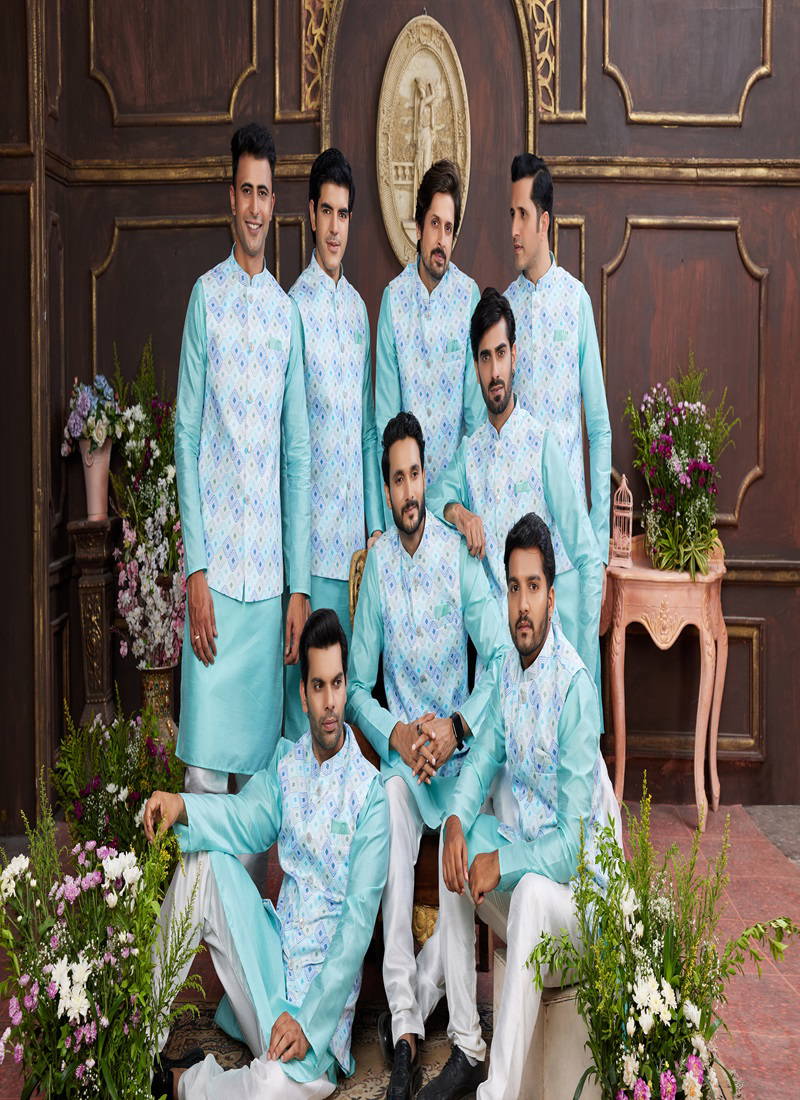 1643 Party Wear Art Banarasi Silk Mens Modi Jacket Kurta Pajama Wholesale Online