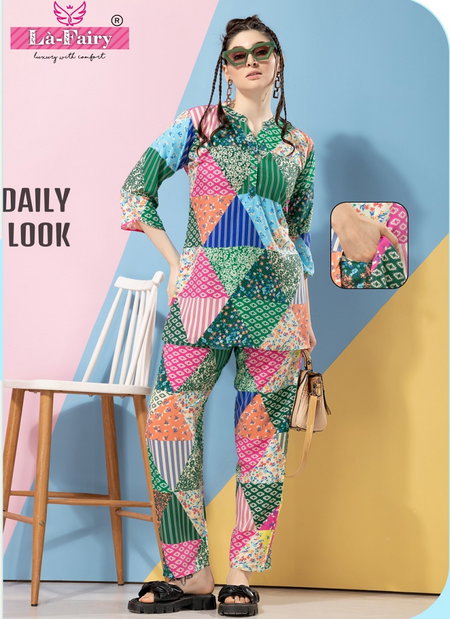 1644 La Fairy Imported Rayon Printed Western Ladies Top With Bottom Cord Set