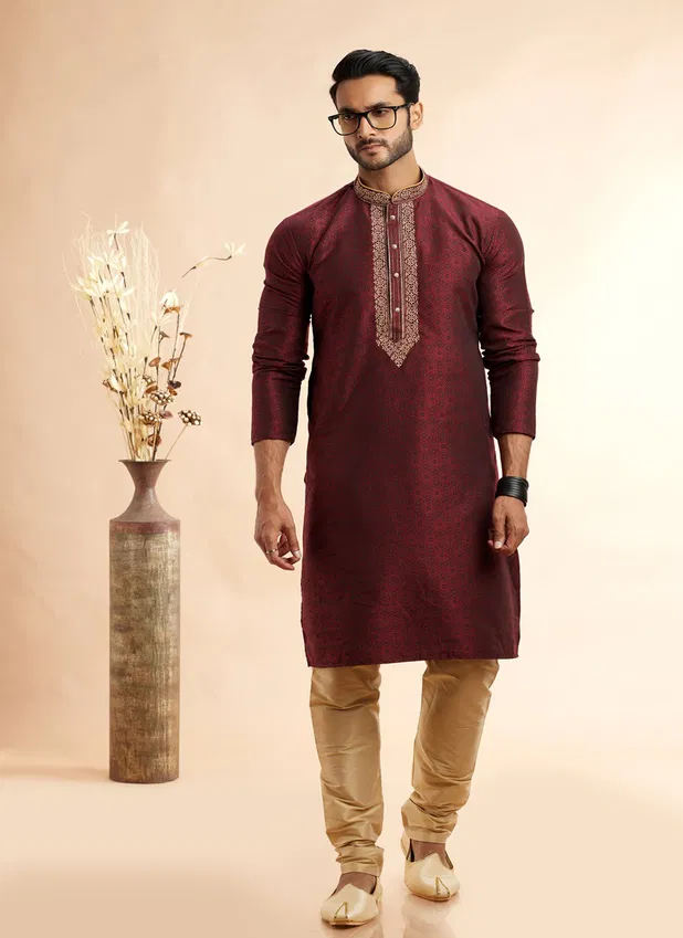 Embroidery Work and Jacquard Art Silk fabric Kurta Pajama