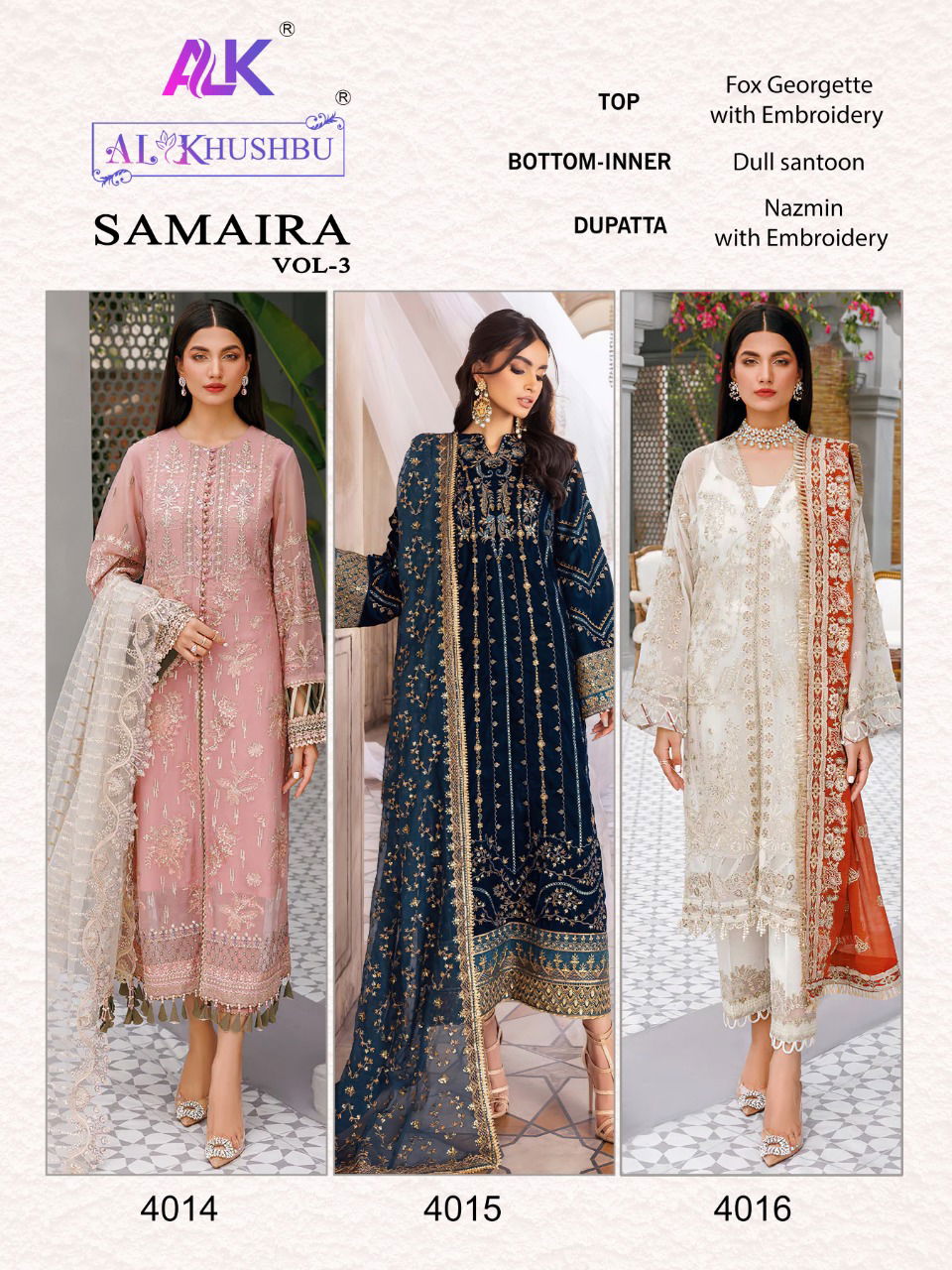 Alk Khushbu Samaira Vol 3 Embroidered Designer Wear Wholesale Pakistani Suit