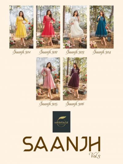 Heritage Saanjh Vol 3 Designer Wear Wholesale Designer Kurtis Catalog