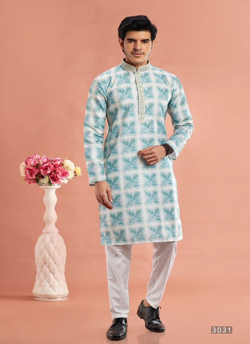 Sea Green Colour Function Mens Wear Printed Cotton Stright Kurta Pajama Suppliers In India 3031