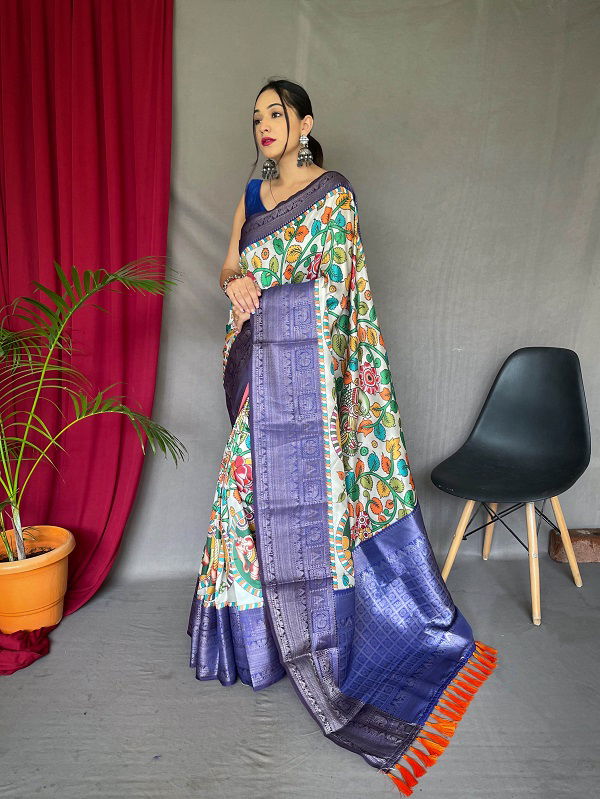 Kalamkari Gala Colors Kanchipuram Digital Printed Saree Collection