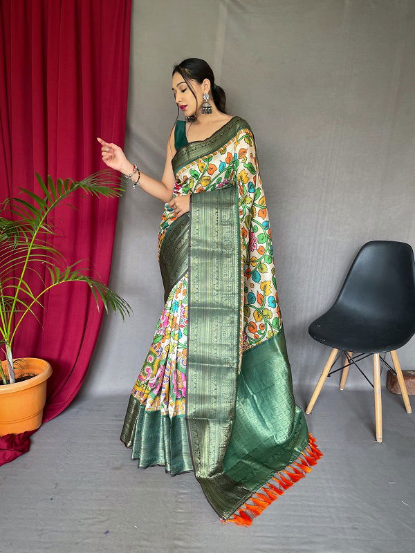 Kalamkari Gala Colors Kanchipuram Digital Printed Saree Collection