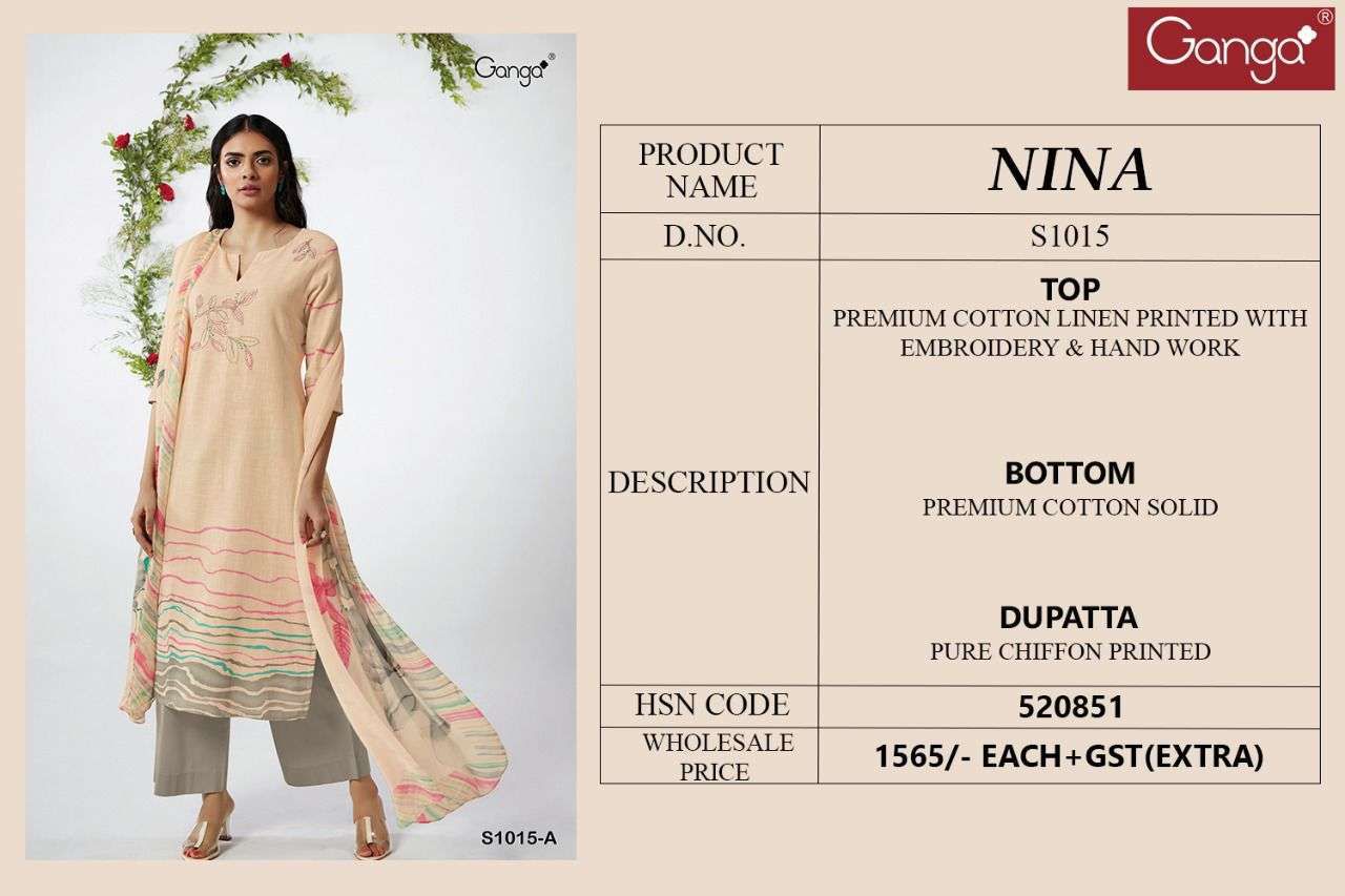 Nina S1015 By Ganga Colors Cotton Salwar Suits Catalog