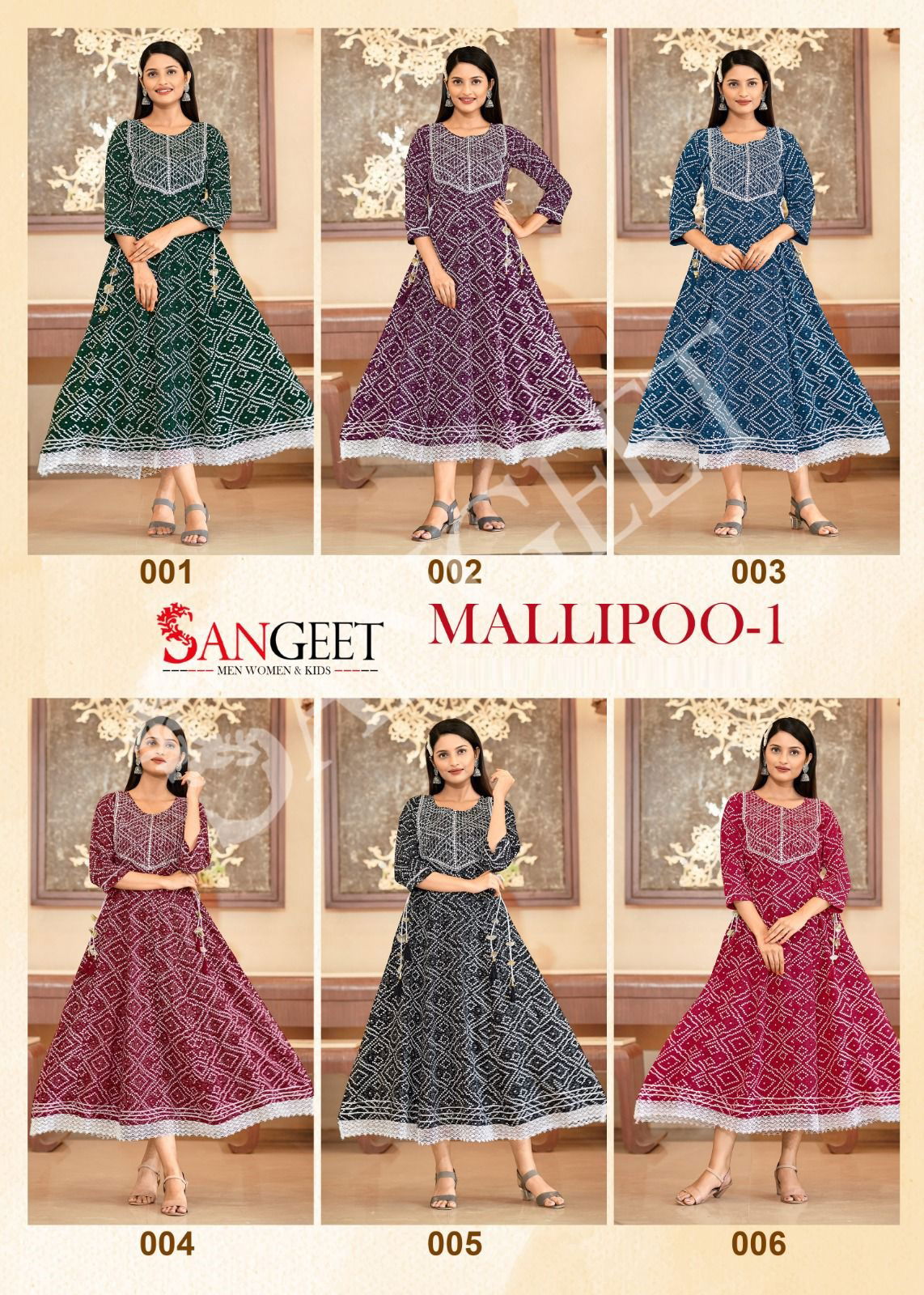 Mallipoo 1 By Sangeet 001-006 Anarkali Kurtis Catalog