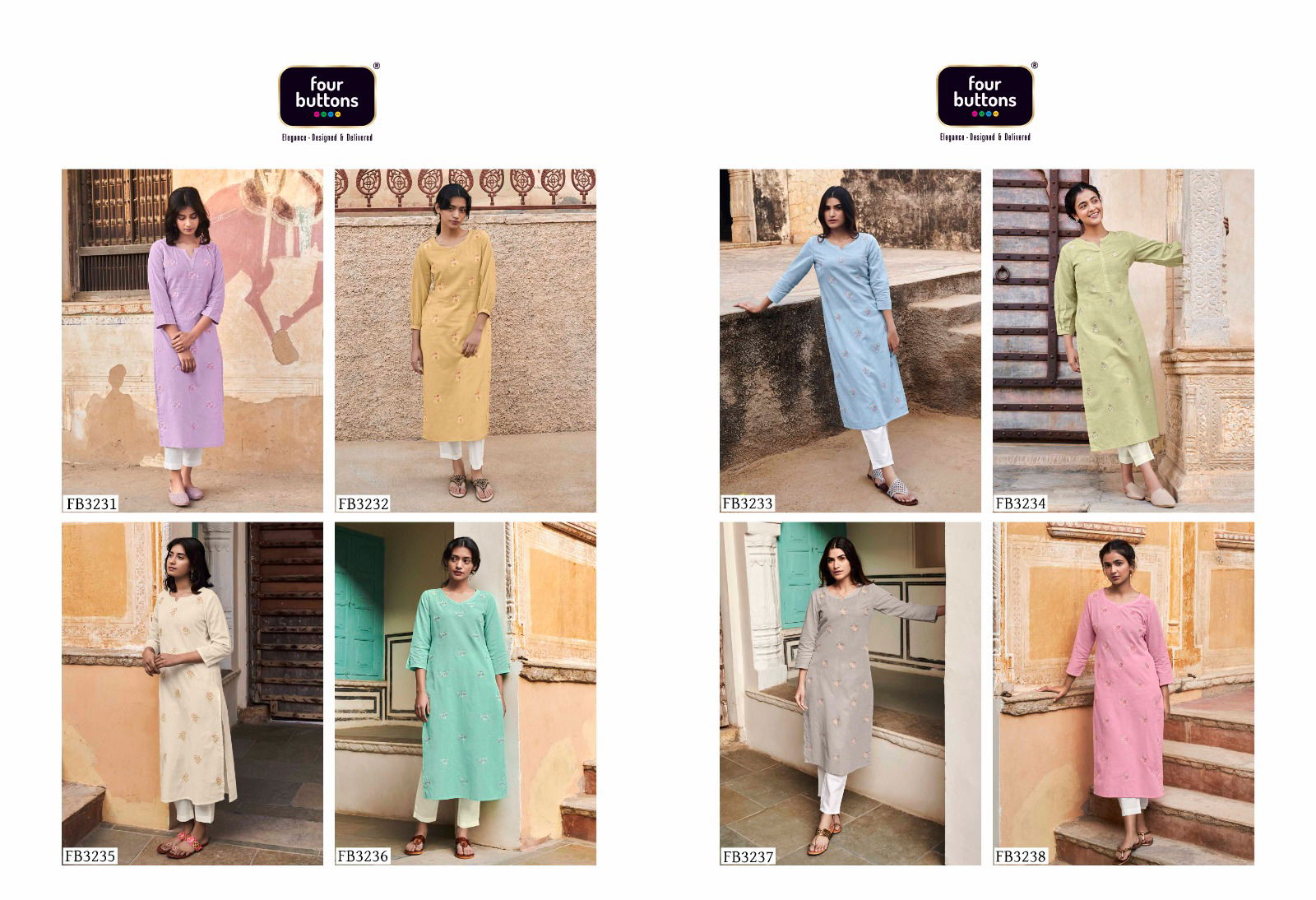 Colors 15 By Four Buttons 3231-3238 Designer Kurtis Catalog