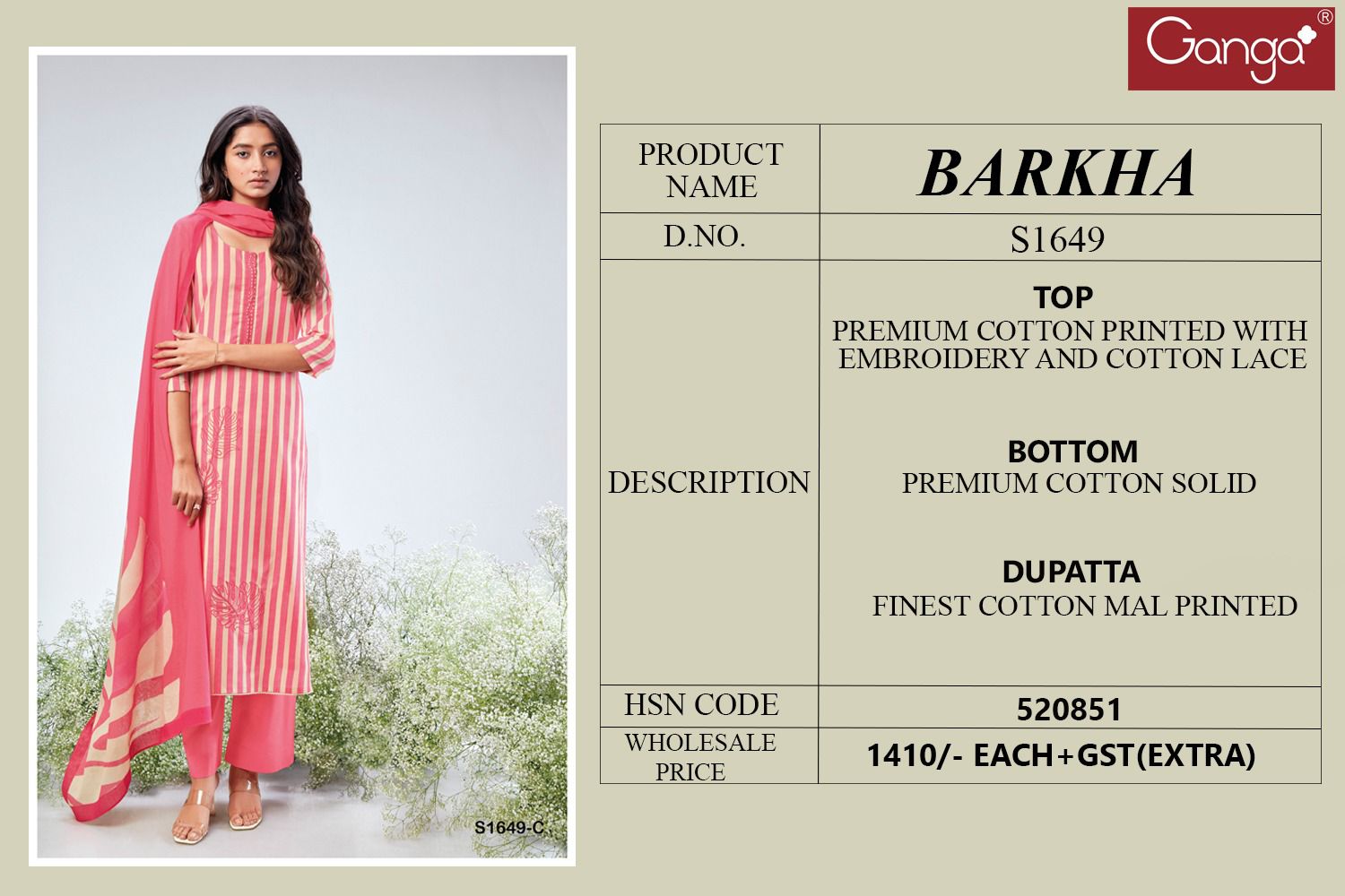 Barkha S1649 By Ganga Cotton Salwar Suits Catalog