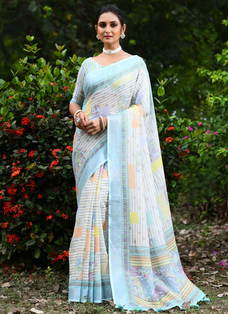 Linen Kantha Saree 1 Lilen Zari Patta Digital Kantha Stitch Printed Saree Bulk Orders In India