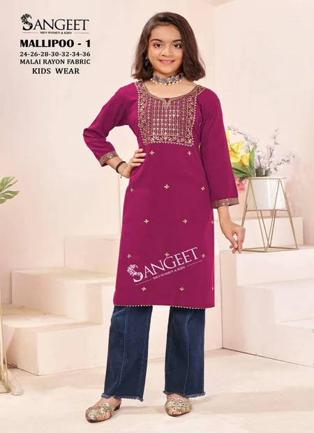 Sangeet Mallipoo 1 Kids Girls Wear Rayon Kurti Wholesale Price In Surat
