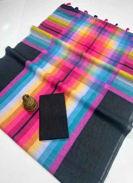 Sc Checks Linen Cotton Woven Crafted With Checks Printed Saree Wholesale Online