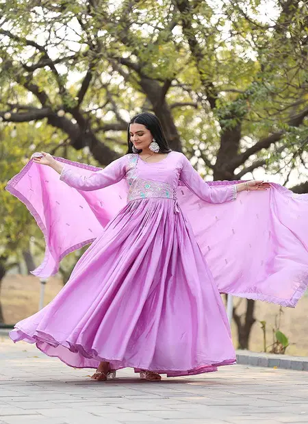 Sn 2455 Designer Chinon Embroidery Surat Gown With Dupatta Wholesale Market