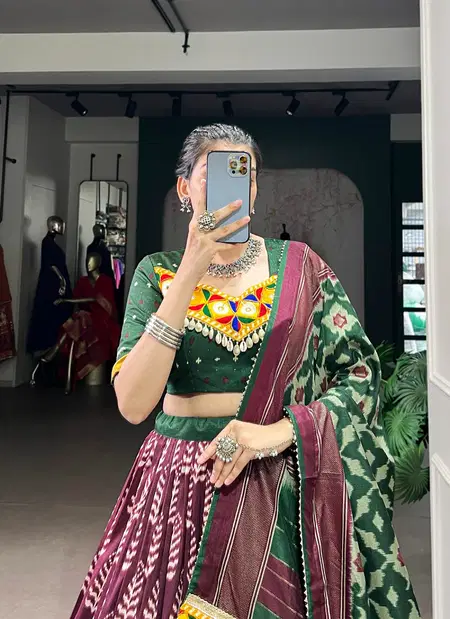 Wine Colour Tussar Silk With Gamthi Work Lehenga Navratri Collection Taraa L 1732 