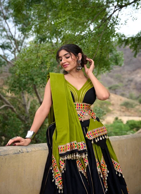 Green And Black Colour Pure Cotton Navratri Special Lehenga Wholesale Market Surat Taraa L 1676