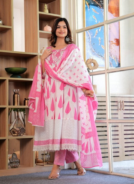Naisha K 292 Anarkali Cotton Printed Kurti With Pant Dupatta Wholesale In India