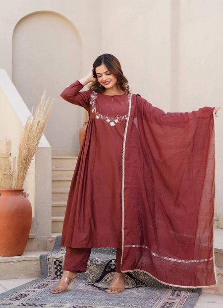 Naisha K 53 Brown Fancy Anarkali Kurti With Bottom Dupatta Wholesale In India