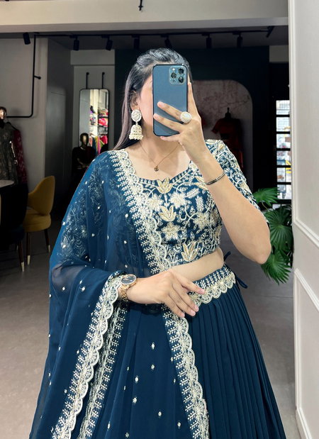 Teal Blue Colour Georgette Plain With Embroidered Lehenga Choli Taraa L 1405