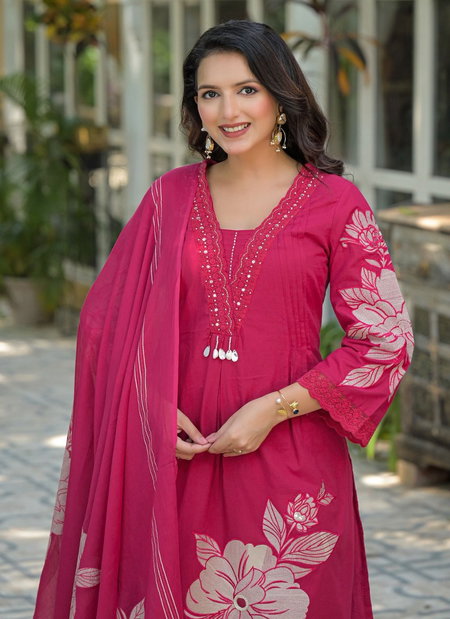 Naisha K 332 Cotton Applic Work Casual Wear Kurti With Bottom Dupatta Bulk Orders In India