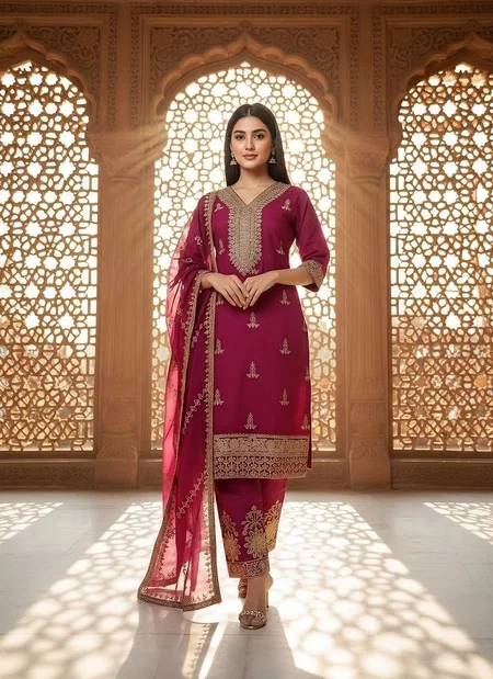 Naisha K 337 Roman Silk Aariwork Festival Wear Kurti With Pant Dupatta Exporters In India