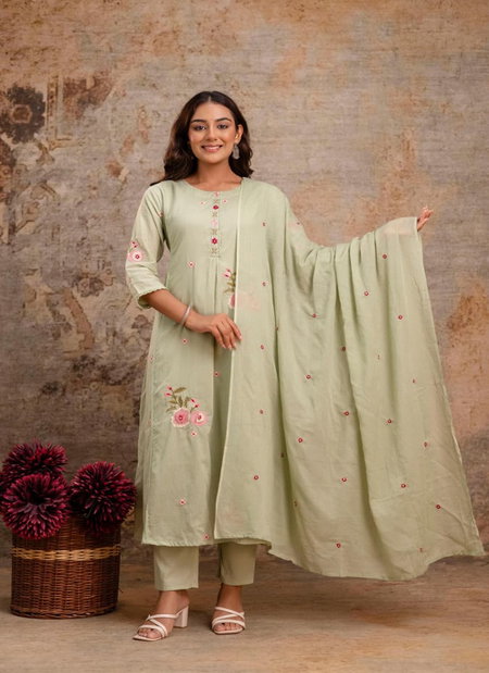 Naisha K 341 Mul Cotton Embroidered Work Kurti With Pant Dupatta Suppliers In India