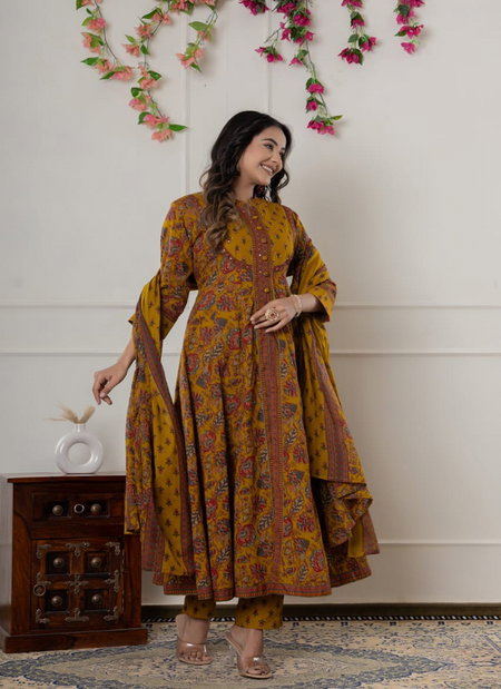 Naisha K 358 Cotton Printed Anarkali Kurti With Pant Dupatta Bulk Orders In India