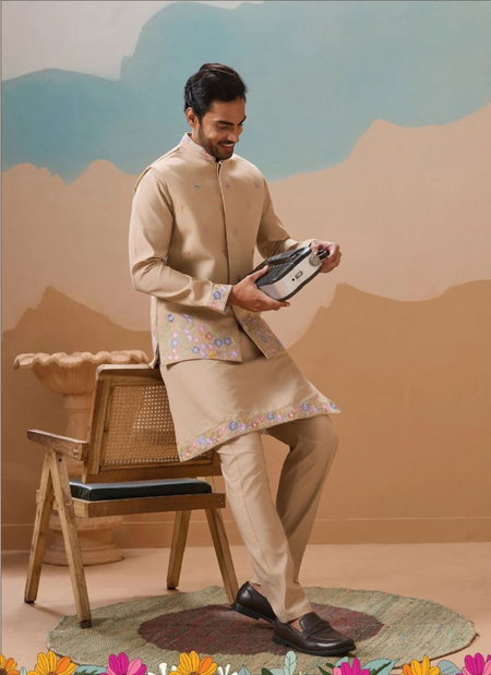 Royal Rivaaj by Shubhvastra Viscose Mens Kurta With Koti Bottom Exporters In India