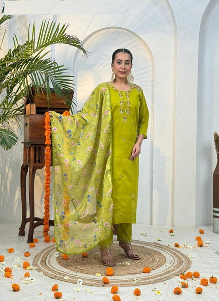 Naisha K 390 Roman Silk Handwork Kurti With Pant Dupatta Wholesale Clothing Suppliers In India