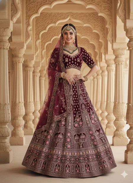 Dmf 104 Velvet Embroidery And Thread Jharkan Worked Bridal Lehenga With Blouse Dupatta