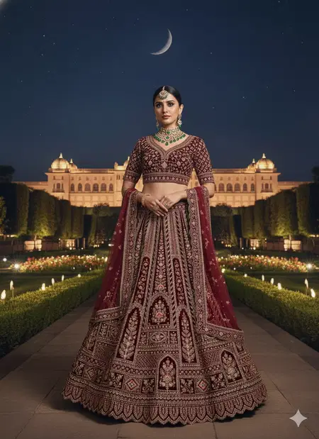 Kmf 001 Velvet Emboidery Worked Bridal Designer Lehenga With Choli Dupatta Wholesale In India