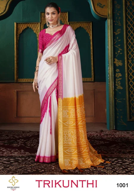 Trikunthi By Shubh Shree Russian Crepe Bandhej Shibori Saree Wholesale Price In Surat