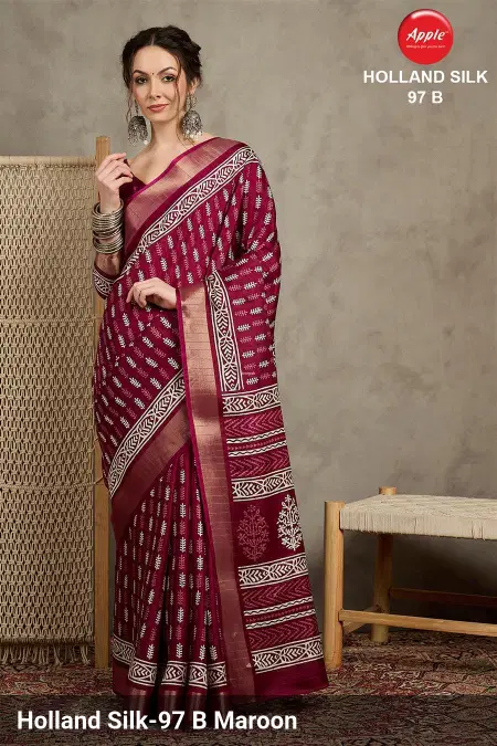 Apple Holland Silk 97 Silk Blend Printed Ladies Saree Wholesale Market In Surat
