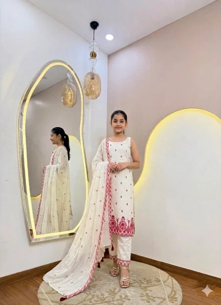 St D No 143 Pure Cotton Embroidered Kids Kurti With Pant Dupatta 