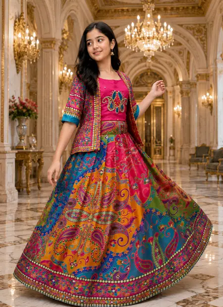 St D No 153 Chinon Silk Digital Printed Kids Lehenga Choli With Koti