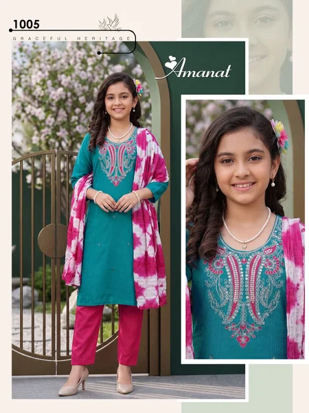 Amanat D No 1001 To 08 Berlin Plain Embroidery Kids Girls Kurti Set