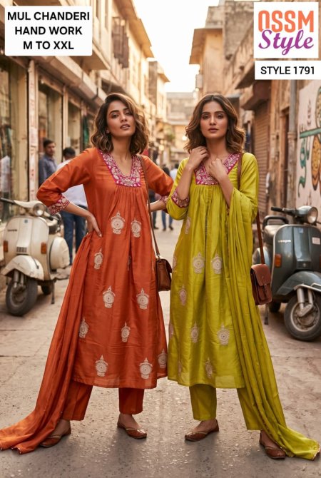 1791 And 1796 By Ossm Style Mal Chanderi Hand Kurtis Set Size Combo