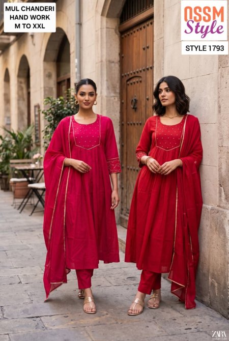 1793 By Ossm Style Mal Chanderi Hand Kurtis Set Size Combo